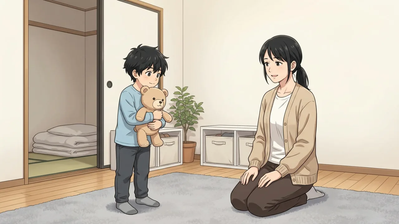 2LDKのリビングで、くまのぬいぐるみを抱いた小学生の男の子と、ひざをついた母親が笑顔で向き合う様子