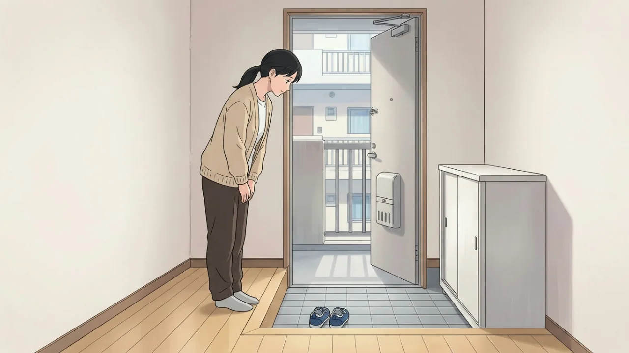 玄関で、開けたドアの外に向かって母親が軽くおじぎをしている様子