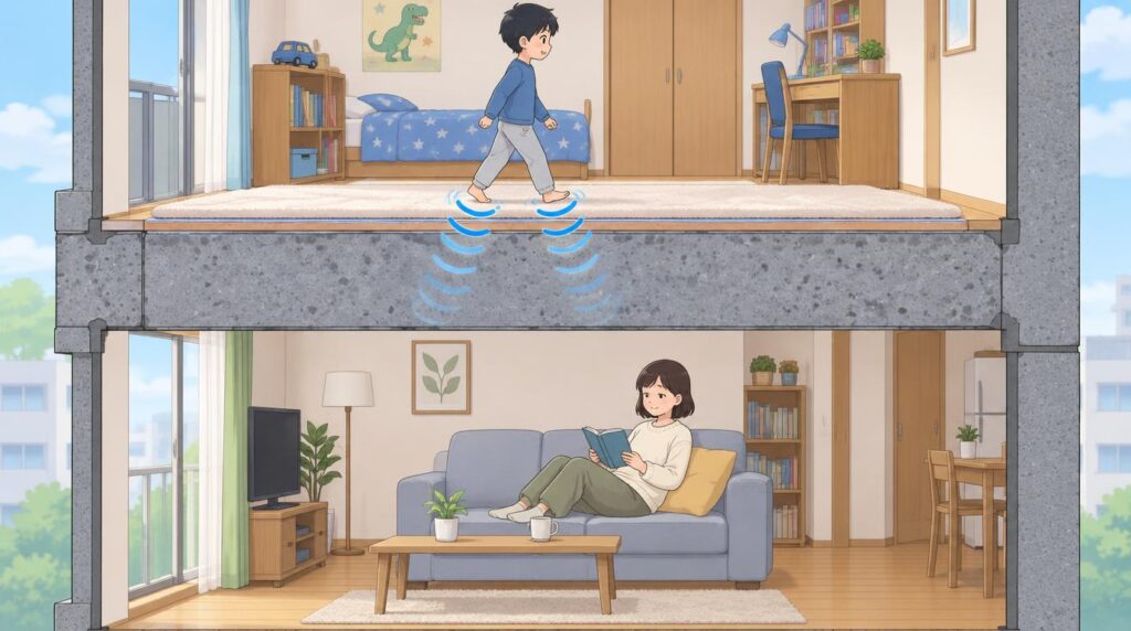 上の階の子どもの足音が厚いマットと床で弱まり、下の階の人がくつろいでいる様子を断面で描いたイラスト