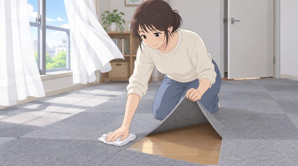 窓を開けて換気しながら、タイルカーペットの端をめくって床を拭いている女性のイラスト