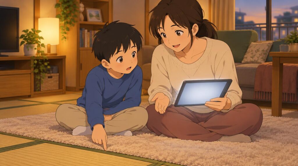 夕方のリビングで、ラグの上に座った母親と子どもがタブレットを見ながら話しているイラスト